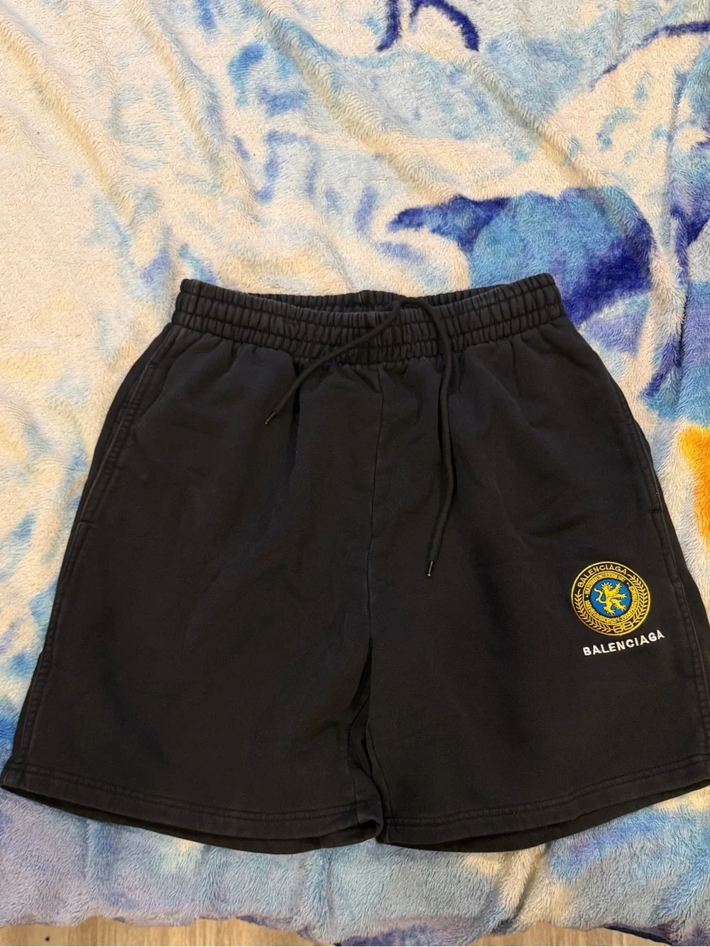 Balenciaga Black Cotton Shorts with Yellow Patch